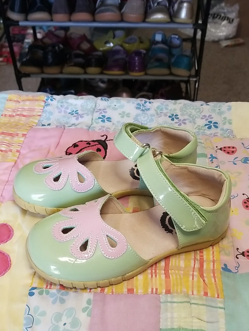 Livie & Luca Patent Leather Mary Janes in Mint Green and Pink Size 12 Petals